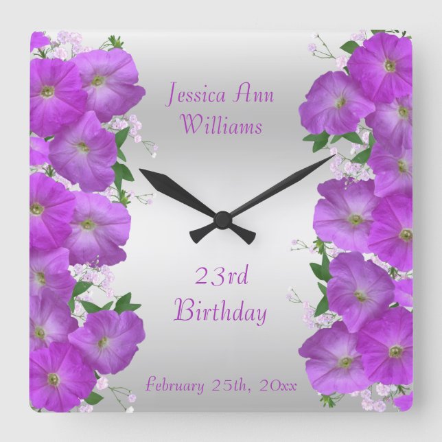Beautiful Classy Petunias Floral Birthday Square Wall Clock (Front)