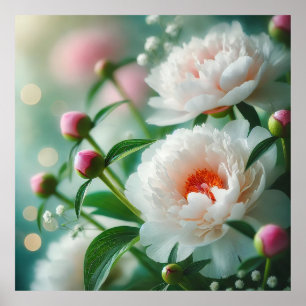 Beautiful Close-Up of Blooming White Peonies Poster