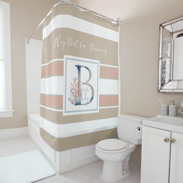 Beautiful coastal coral and blue monogram striped shower curtain (In Situ)