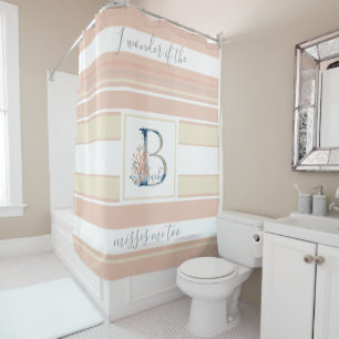Beautiful coastal coral blue monogram pink striped shower curtain
