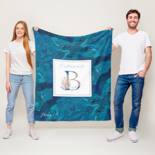 Beautiful coastal gradient blue coral monogram  fleece blanket