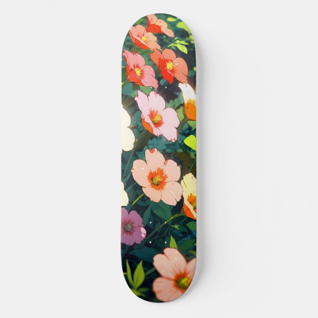 Beautiful colorful anime flowers skateboard (Front)
