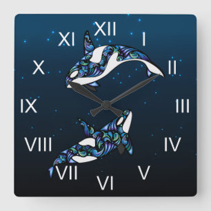 Beautiful Colorful Orca Whales Beach Square Wall Clock