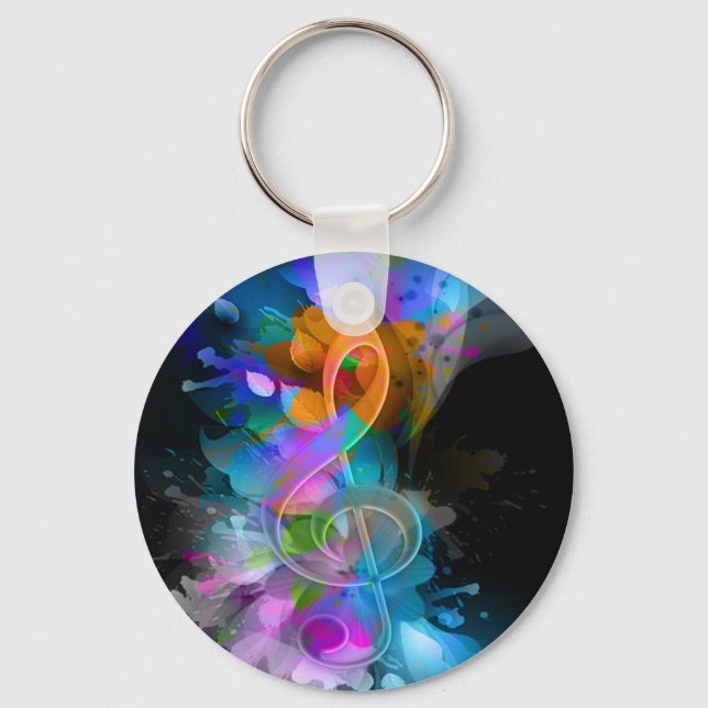 Beautiful Colorful Treble Clef Flower Leaves Paint Key Ring (Front)
