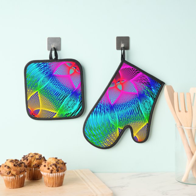 Beautiful Colour Lights Oven Mitt & Pot Holder Set (Insitu(Hanging))