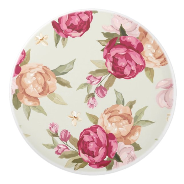Beautiful colour peony pattern on green ceramic knob (Front)