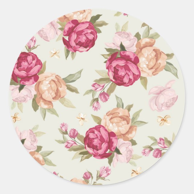 Beautiful colour peony pattern on green classic round sticker (Front)