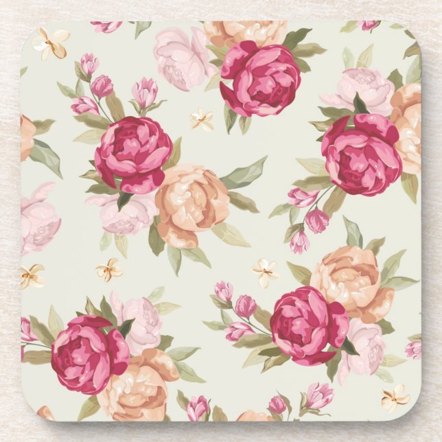 Beautiful colour peony pattern on green coaster (Front)