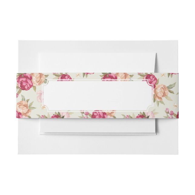 Beautiful colour peony pattern on green invitation belly band (Front Example)