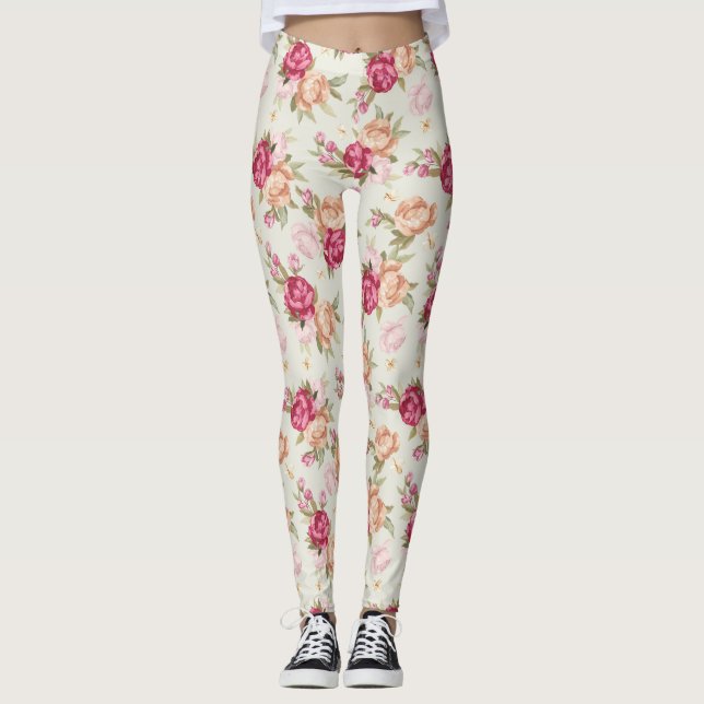 Beautiful colour peony pattern on green leggings (Front)