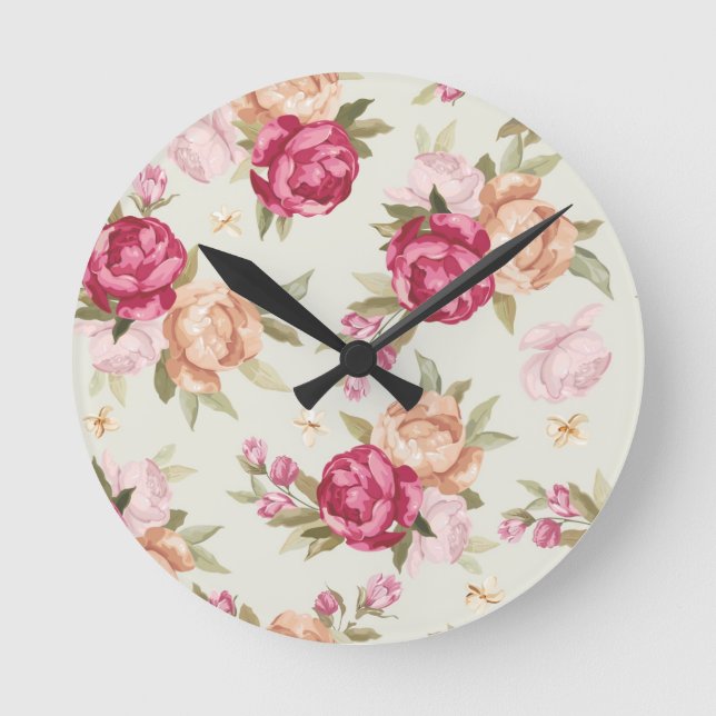 Beautiful colour peony pattern on green round clock (Front)