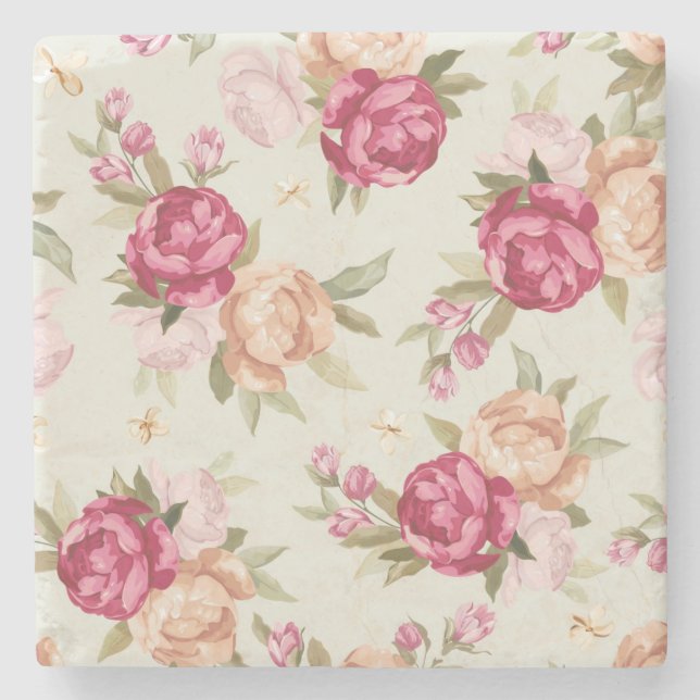 Beautiful colour peony pattern on green stone coaster (Front)