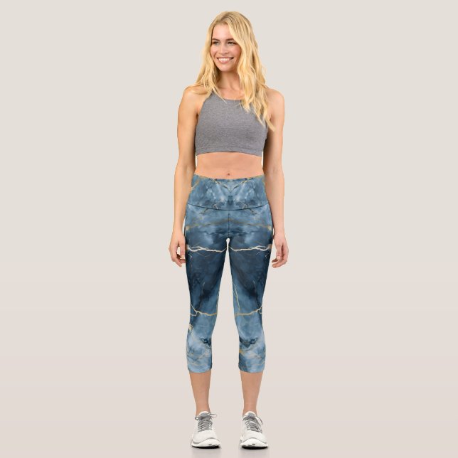 Beautiful Coloured Print Blue Marble Capri Leggings (Front)