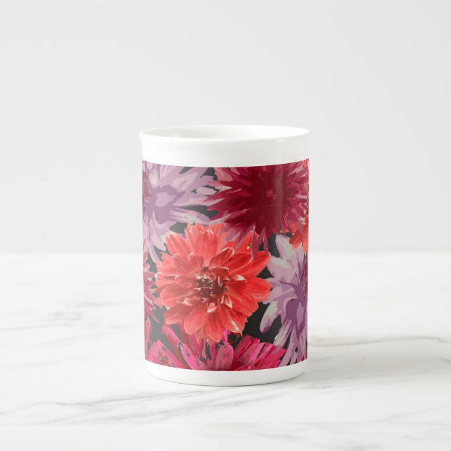 beautiful colourful Dahlias decorate this bone chi China Mug (Front)