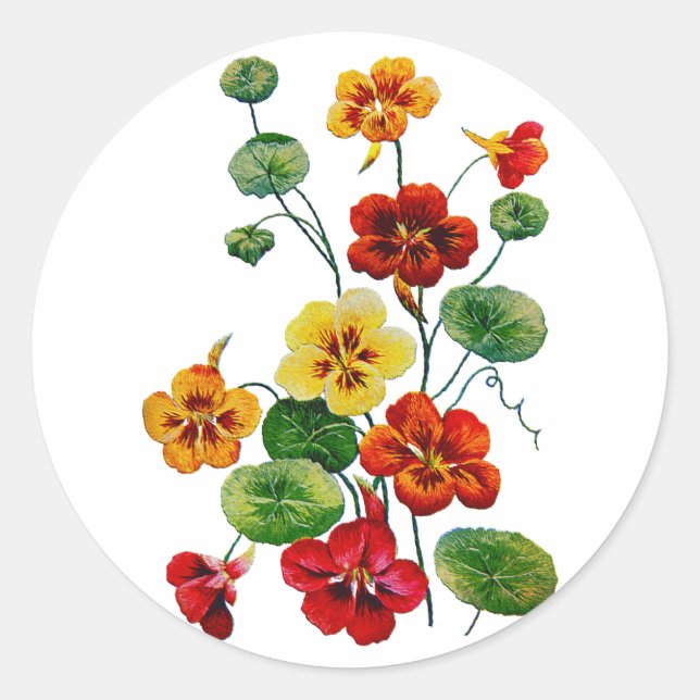 Beautiful Colourful Embroidered Nasturtiums Classic Round Sticker (Front)