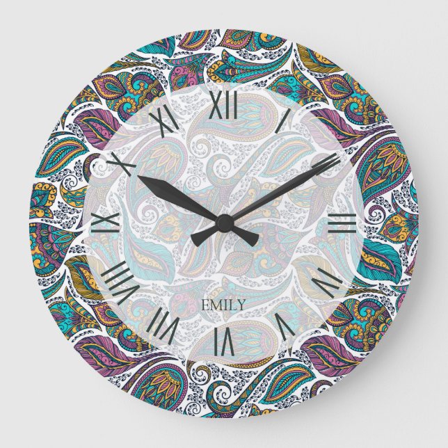 Beautiful colourful ethnic paisley pattern large clock (Front)