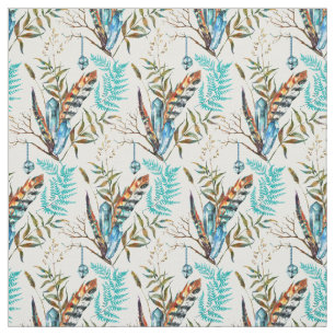 Beautiful Colourful Feathers With Blue Crystals Fabric