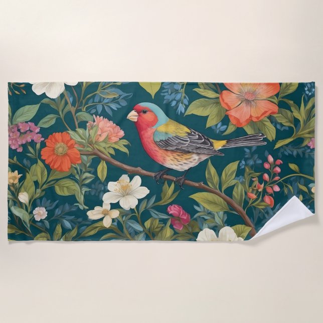 Beautiful Colourful Finch Bird Botanical Beach Towel (Front)