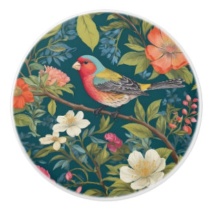Beautiful Colourful Finch Bird Botanical Ceramic Knob