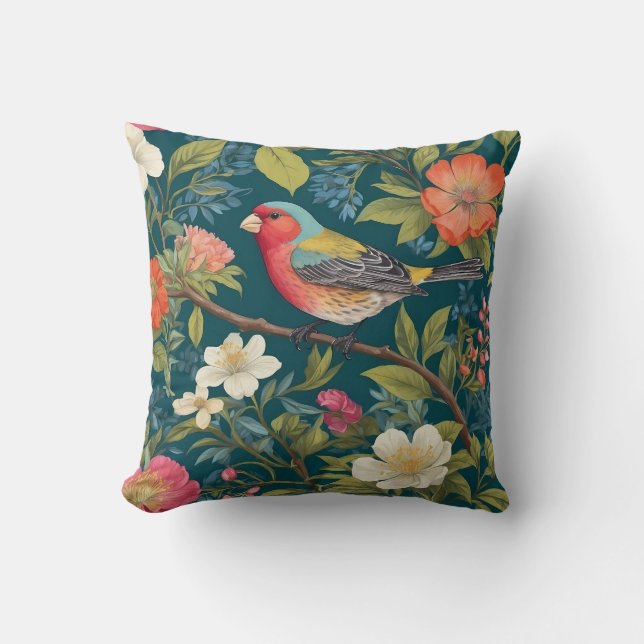Beautiful Colourful Finch Bird Botanical Cushion (Front)