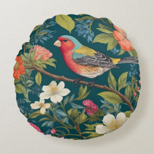 Beautiful Colourful Finch Bird Botanical Round Cushion