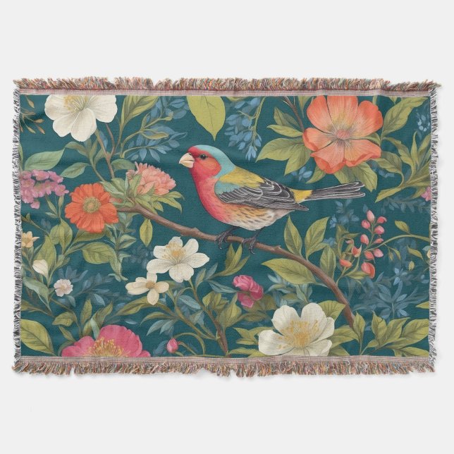 Beautiful Colourful Finch Bird Botanical Throw Blanket (Front)
