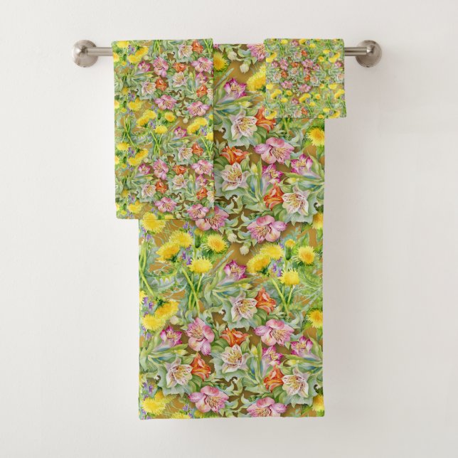 Beautiful Colourful Floral Pattern Pink Yellow  Bath Towel Set (Insitu)