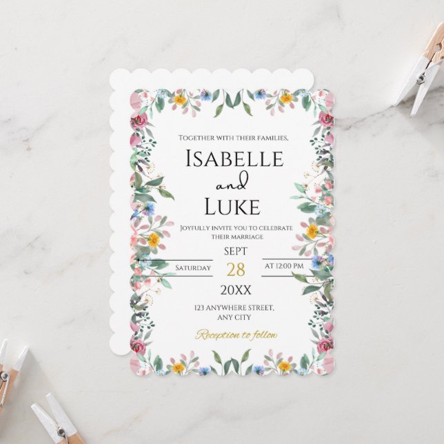 Beautiful, Colourful, Floral Wedding Invitation  (Front/Back In Situ)