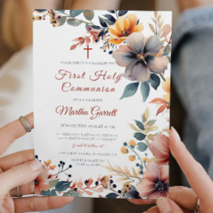 Beautiful Colourful Flowers First Holy Communion Invitation