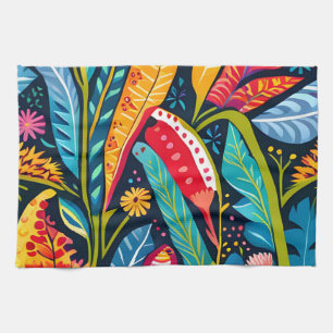 Beautiful, Colourful Otomi Floral Art pattern. Tea Towel