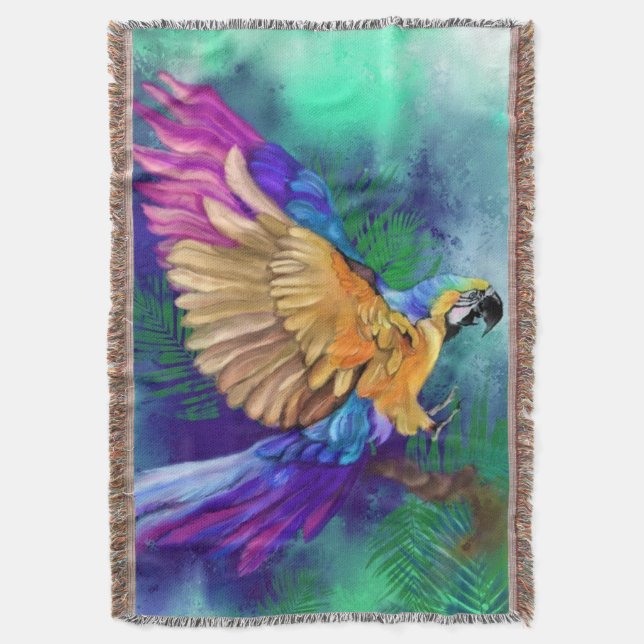 Beautiful Colourful Parrot - Migned Watercolor Art Throw Blanket (Front Vertical)