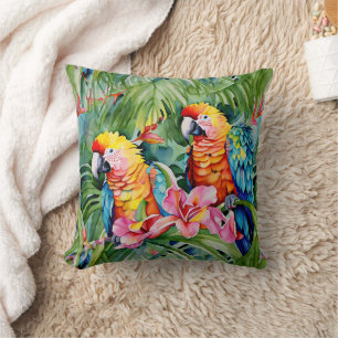 Beautiful Colourful Parrots and Tropical Flowers Cushion