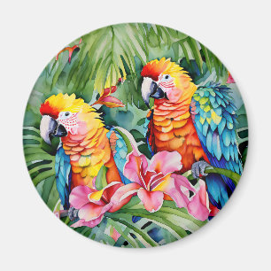 Beautiful Colourful Parrots and Tropical Flowers Magnet