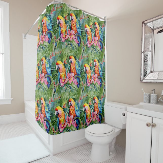 Beautiful Colourful Parrots and Tropical Flowers Shower Curtain (In Situ)