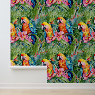 Beautiful Colourful Parrots and Tropical Flowers Wallpaper