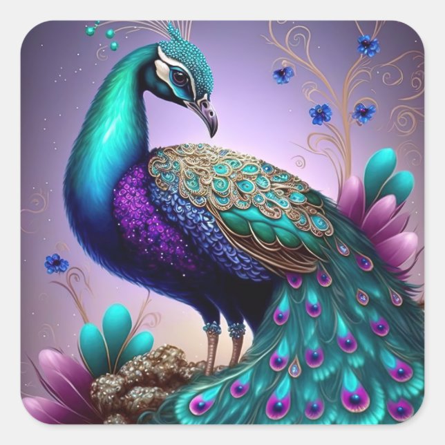 Beautiful Colourful Peacock Peafowl Bird Wildlife Square Sticker (Front)