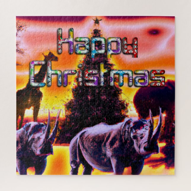 Beautiful Colourful Rhinos Christmas Sunset Sky Jigsaw Puzzle (Vertical)