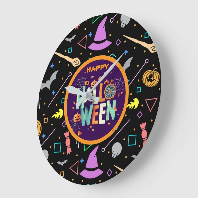 Beautiful Colourful Scary Halloween Patterns Large Clock (Angle)