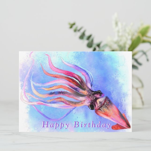 Beautiful Colourful Squid Swimming - Happy Birthda (Standing Front)