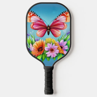 Beautiful Colourful Watercolor Butterfly and Flowe Pickleball Paddle