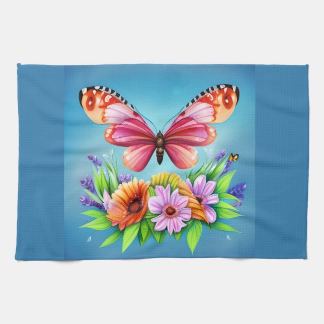 Beautiful Colourful Watercolor Butterfly and Flowe Tea Towel (Horizontal)