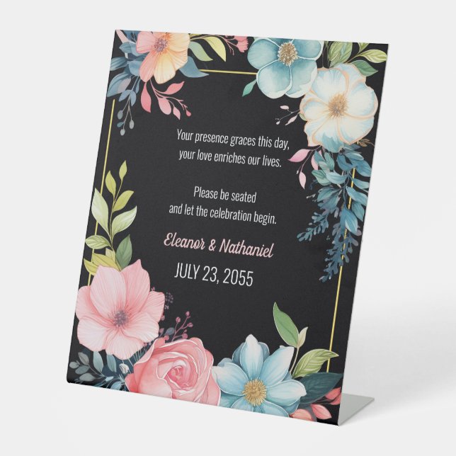 Beautiful Colourful Watercolor Floral Wedding Pedestal Sign (Front)