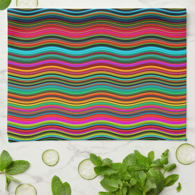 Beautiful Colourful Wavy Stripe Pattern Tea Towel (Folded)