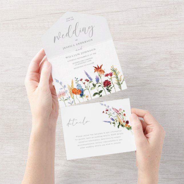 Beautiful Colourful Wildflowers Wedding All In One Invitation (Tearaway)