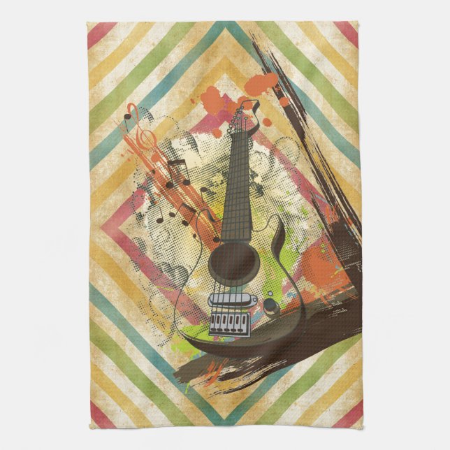 Beautiful cool vintage guitar music notes tea towel (Vertical)