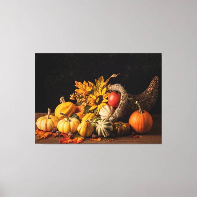 Beautiful Cornucopia Filled With Autumn Gourds Canvas Print (Front)
