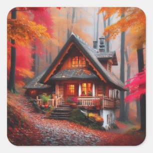 Beautiful Cosy cabin with Autumn leaves Square Sticker