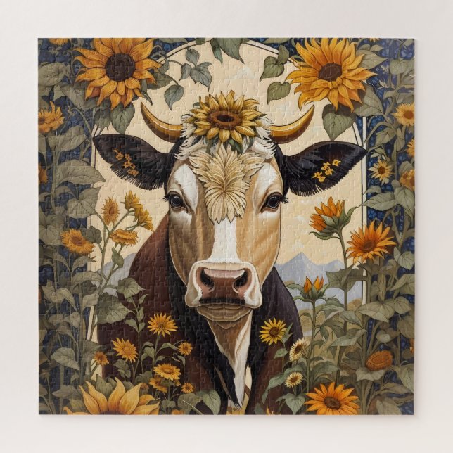 Beautiful Countryside Cow Sunflower Decorative Jigsaw Puzzle (Vertical)