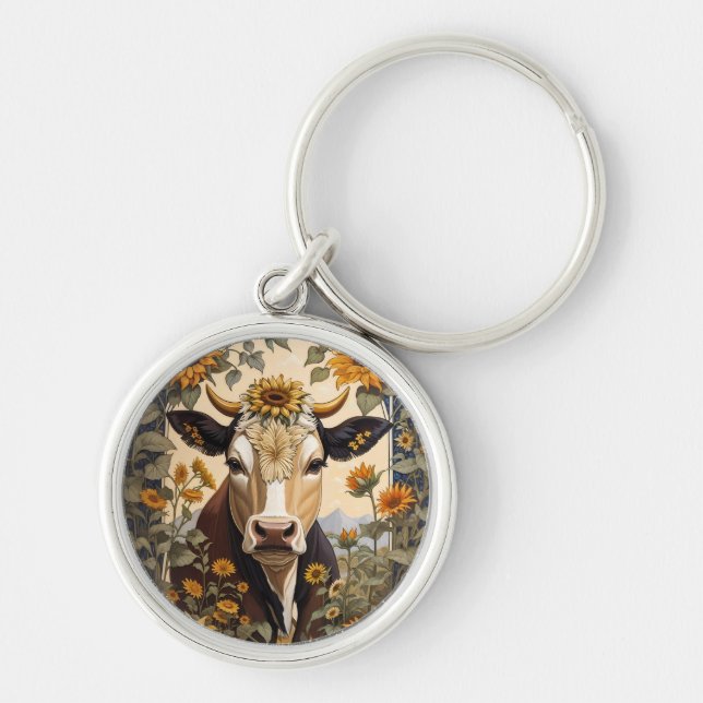 Beautiful Countryside Cow Sunflower Decorative Key Ring (Front)