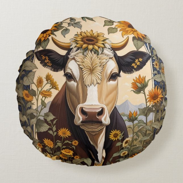 Beautiful Countryside Cow Sunflower Decorative Round Cushion (Front)
